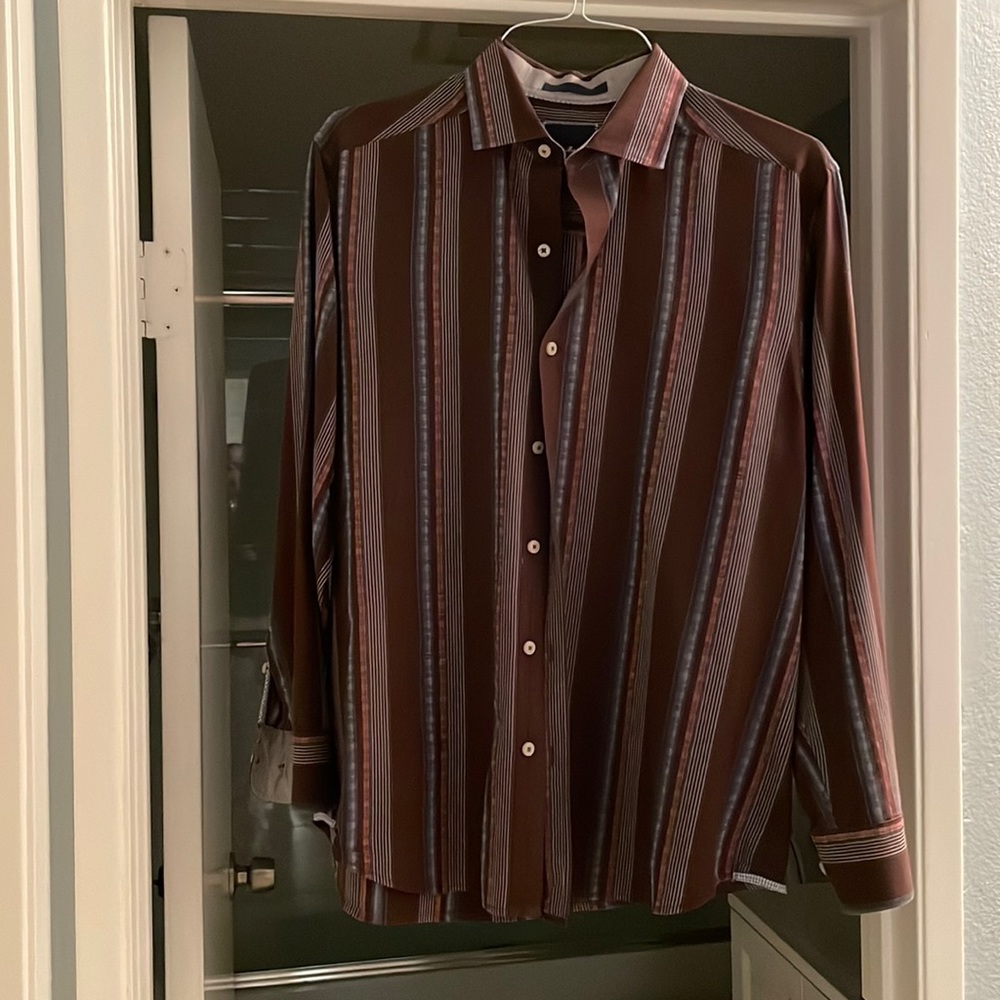Tommy Bahama Striped Button Down Shirt - Brown in color, medium in size